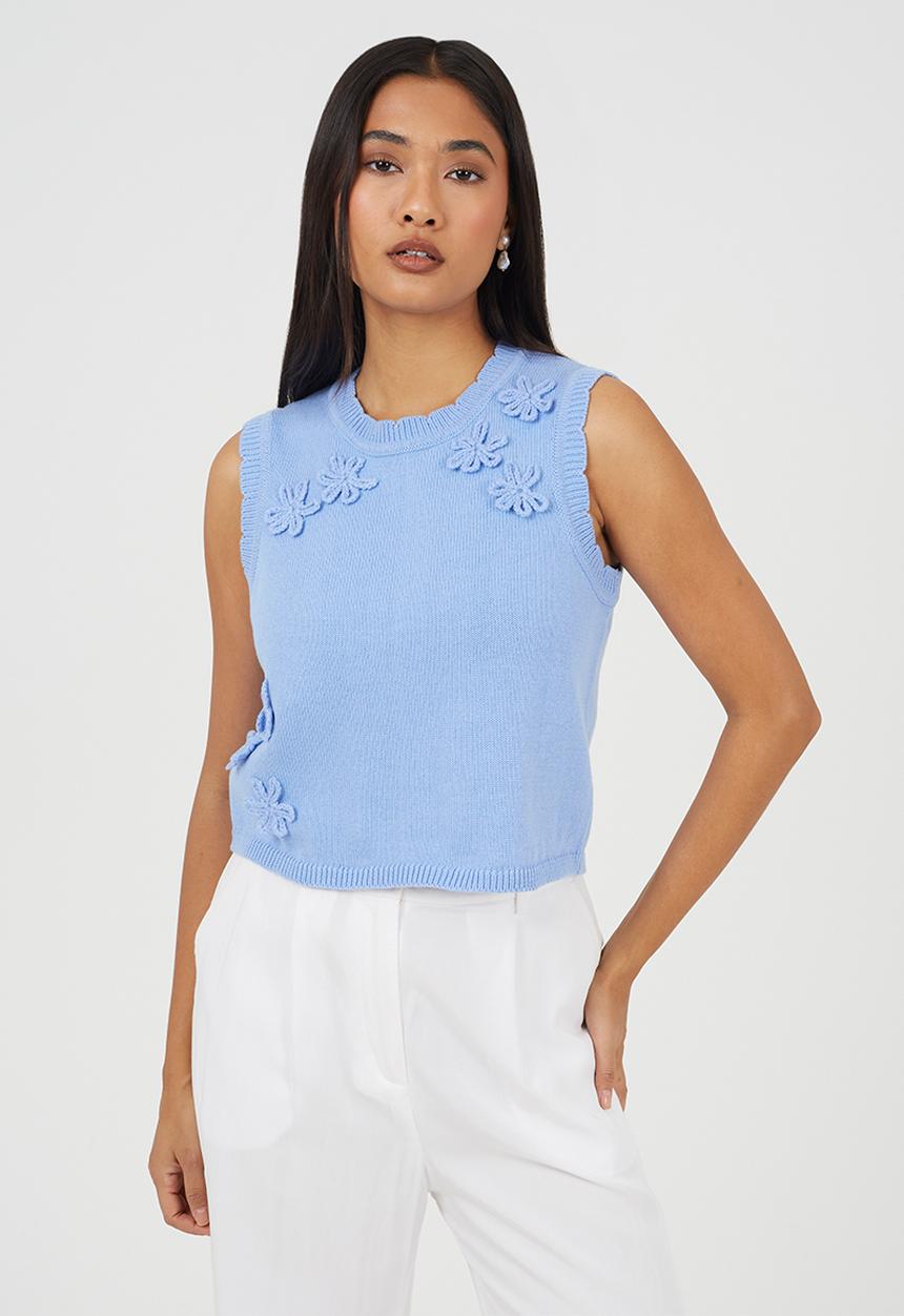 Brave Soul - Ladies Crew Neck Knitted Tank With Crochet Flower Placement - Blue