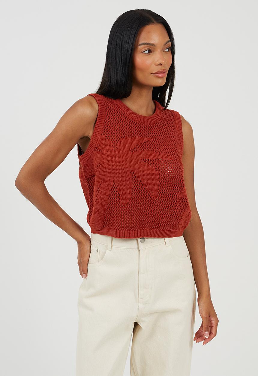 Brave Soul - Ladies Mesh Knitted Tank With Jacquard Palm Tree Design - Rust