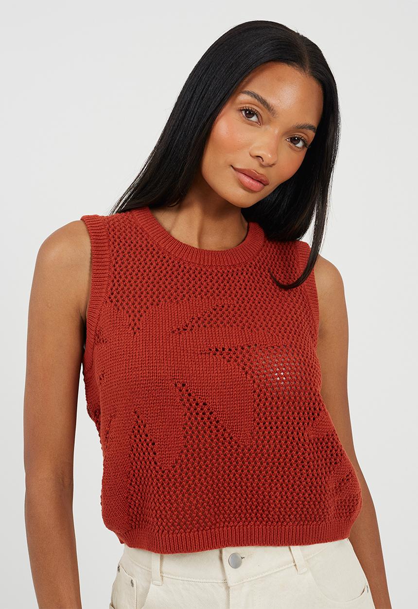 Brave Soul - Ladies Mesh Knitted Tank With Jacquard Palm Tree Design - Rust
