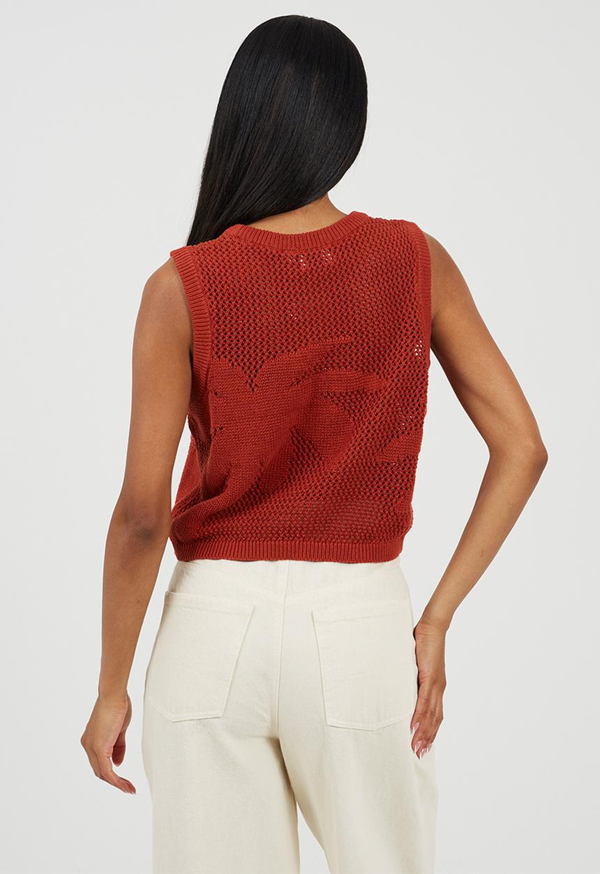 Brave Soul - Ladies Mesh Knitted Tank With Jacquard Palm Tree Design - Rust