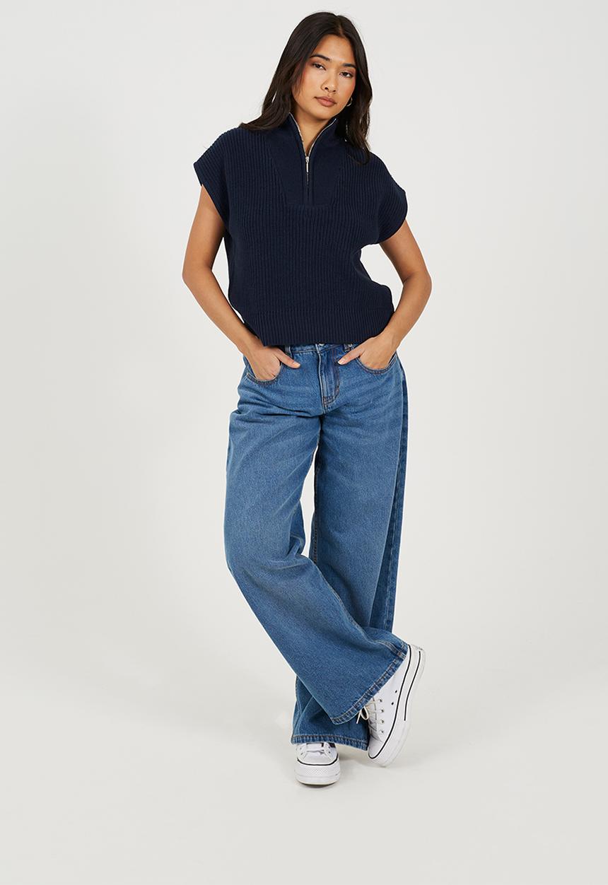 Brave Soul - Ladies Collared Half Zip Neck Oversized Tank - Navy