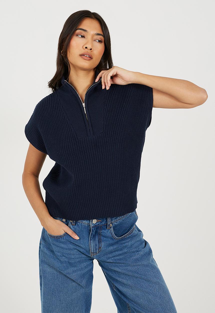 Brave Soul - Ladies Collared Half Zip Neck Oversized Tank - Navy
