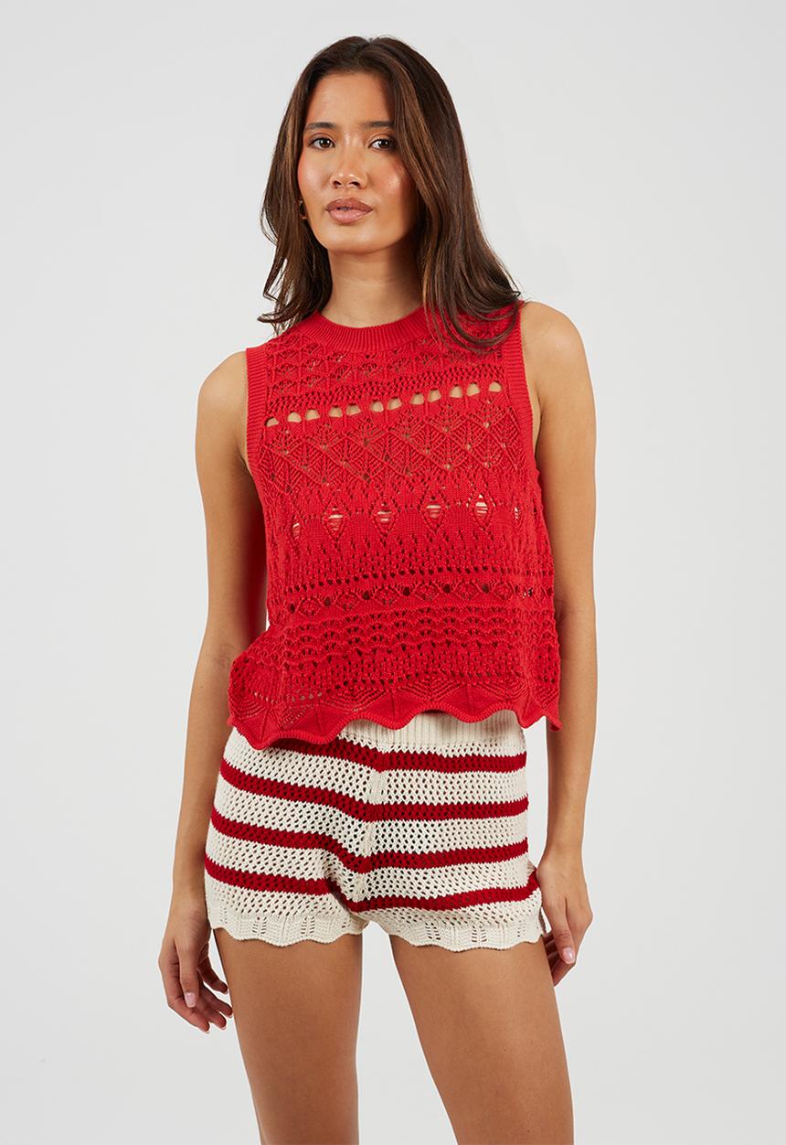 Brave Soul - Ladies Crew Neck Tank With Scallop Hem And All Over Pointelle Stitch - Red
