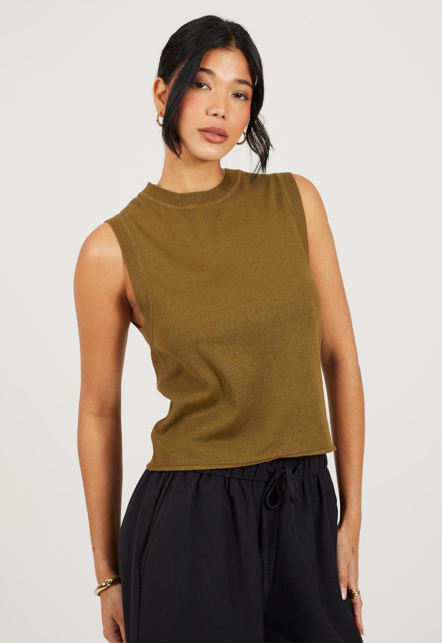 Brave Soul - Ladies Knit Crew Neck Tank - Khaki