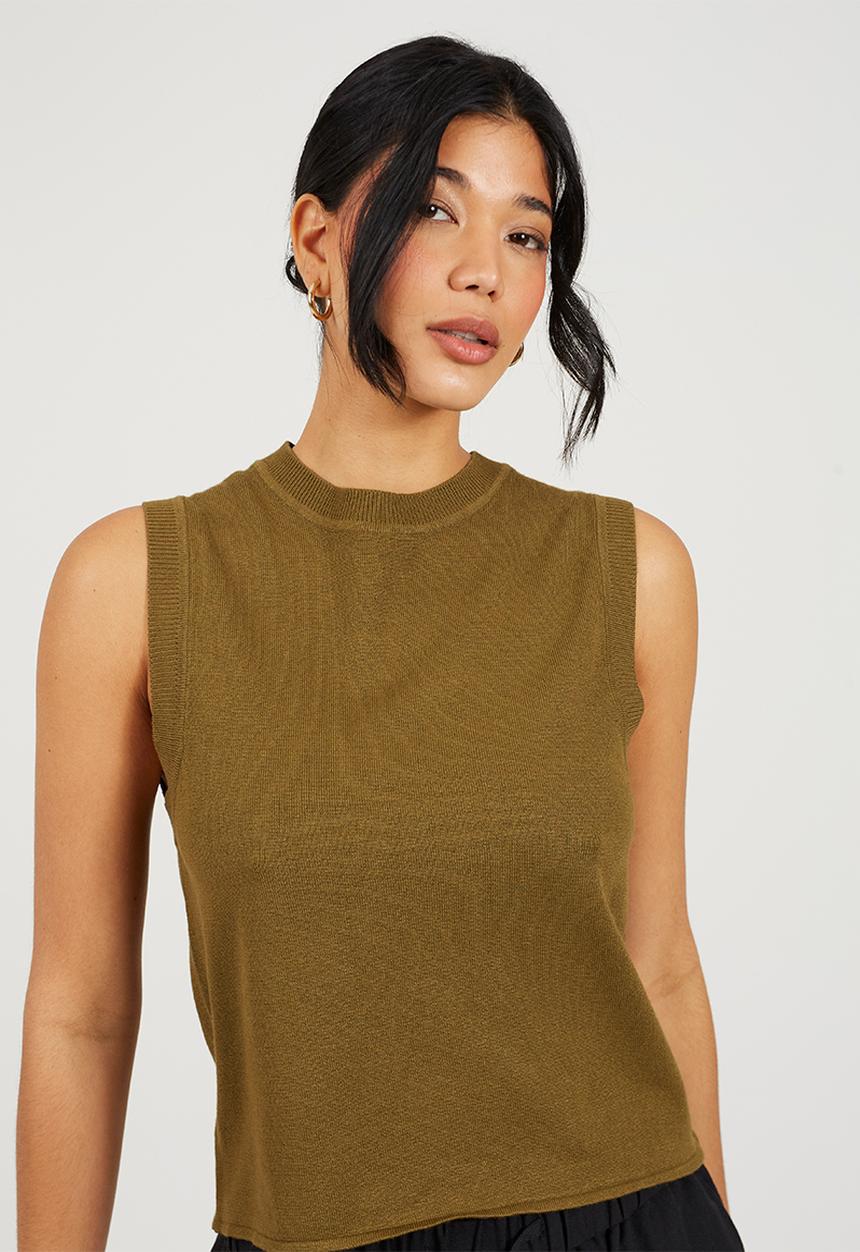 Brave Soul - Ladies Knit Crew Neck Tank - Khaki