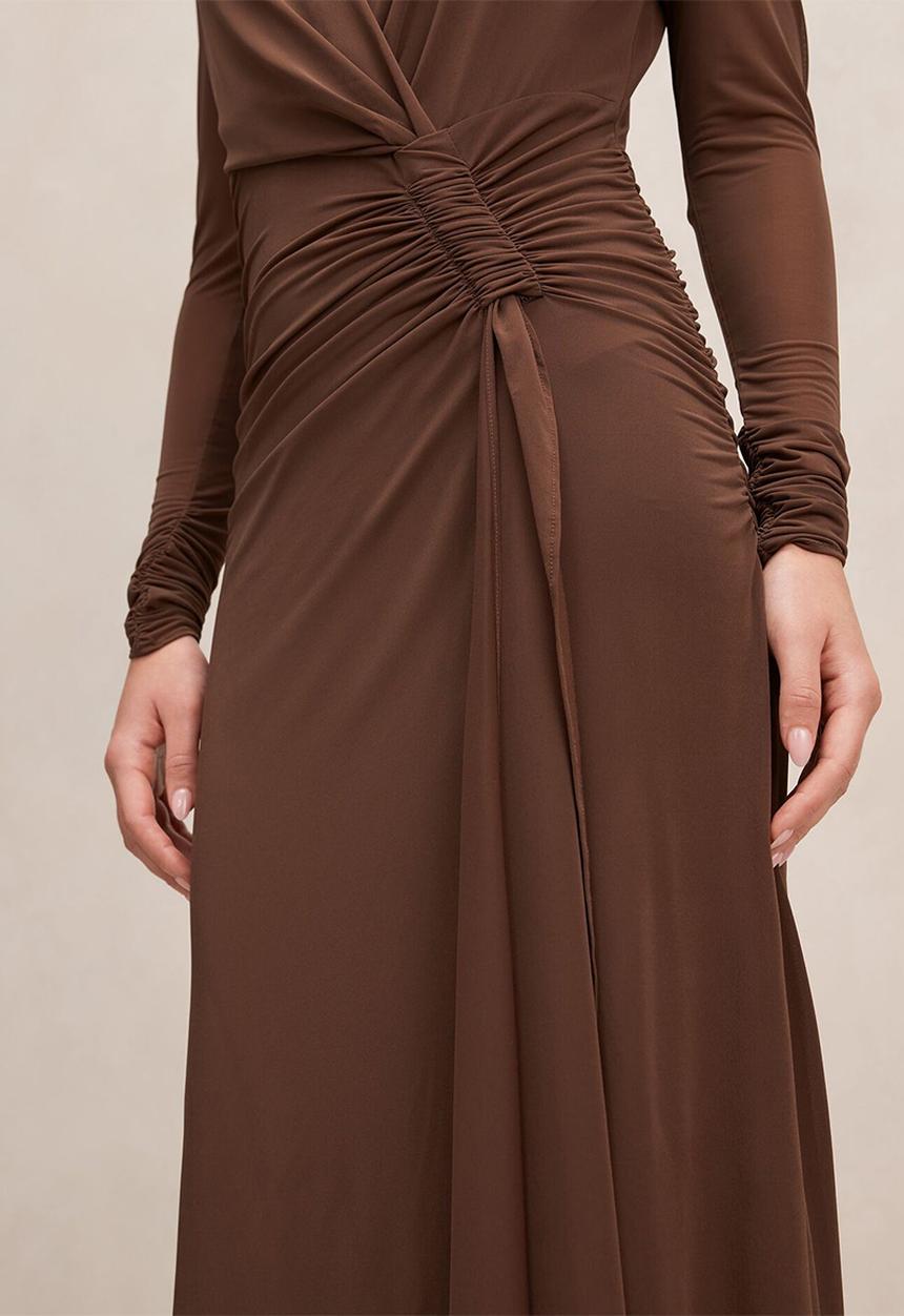 Forever New - Amara draped mesh maxi dress in chocolate