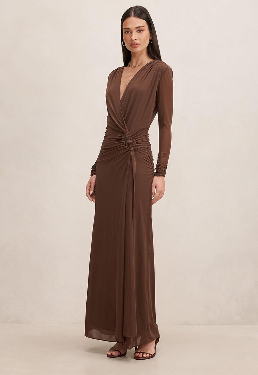 Forever New - Amara draped mesh maxi dress in chocolate