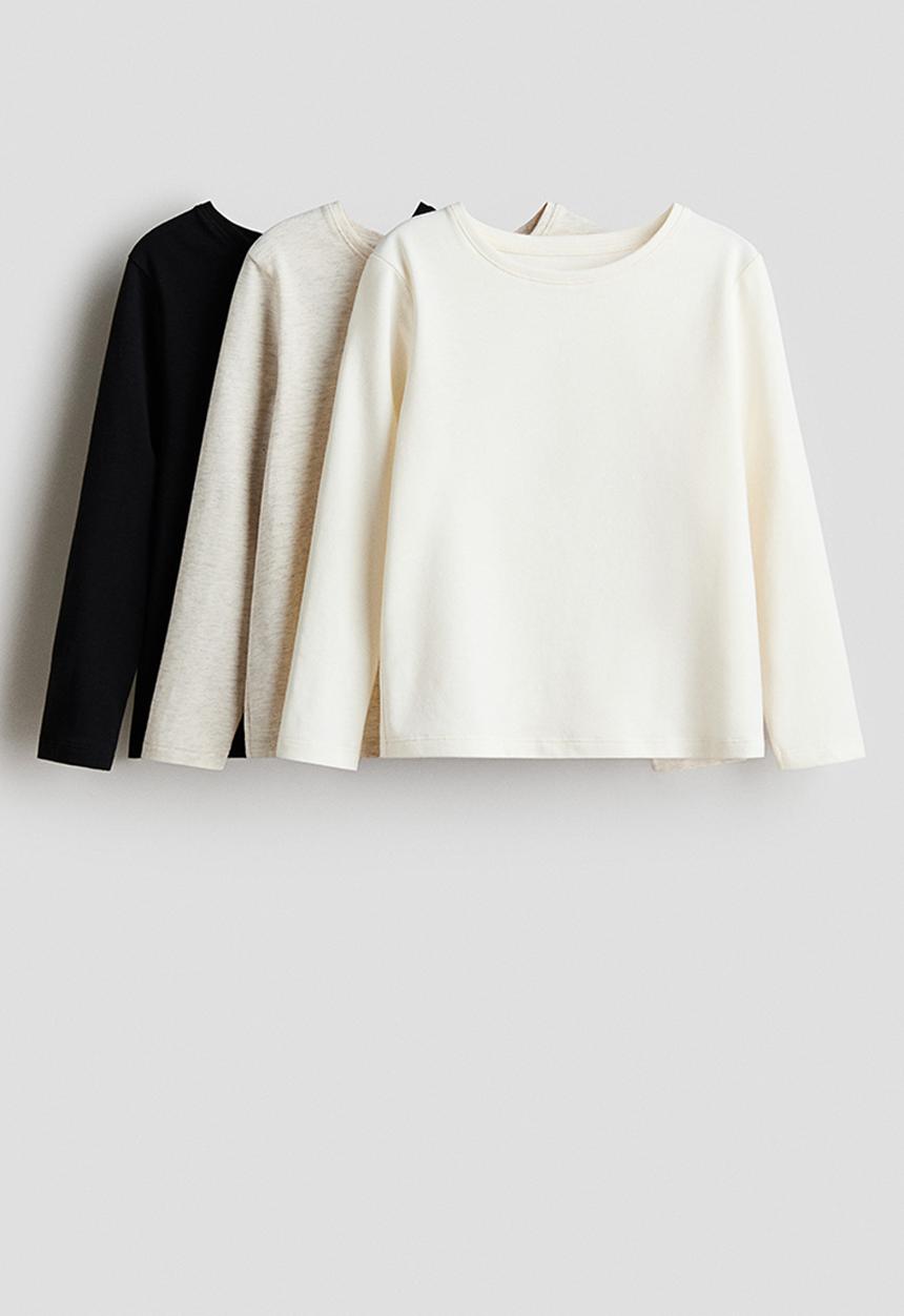 H&M - 3 pack long-sleeved tops - light beige marl/white/black