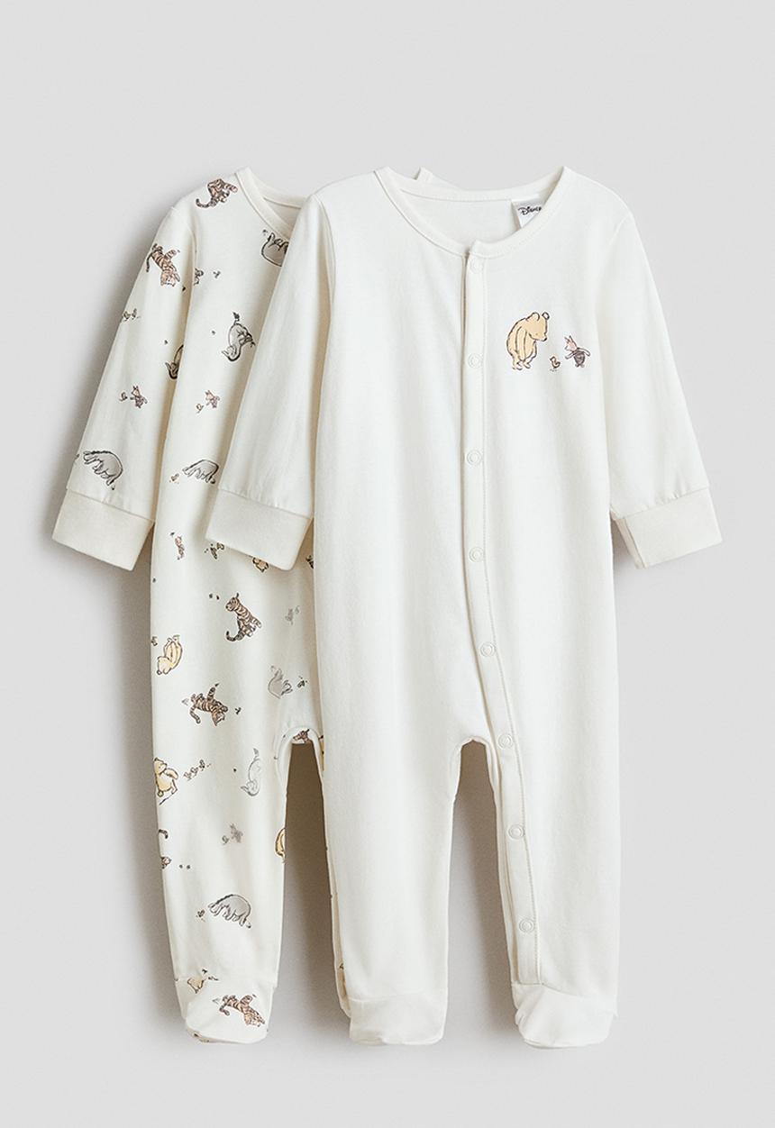 H&M - 2 pack sleepsuits with full feet - white/winnie the pooh