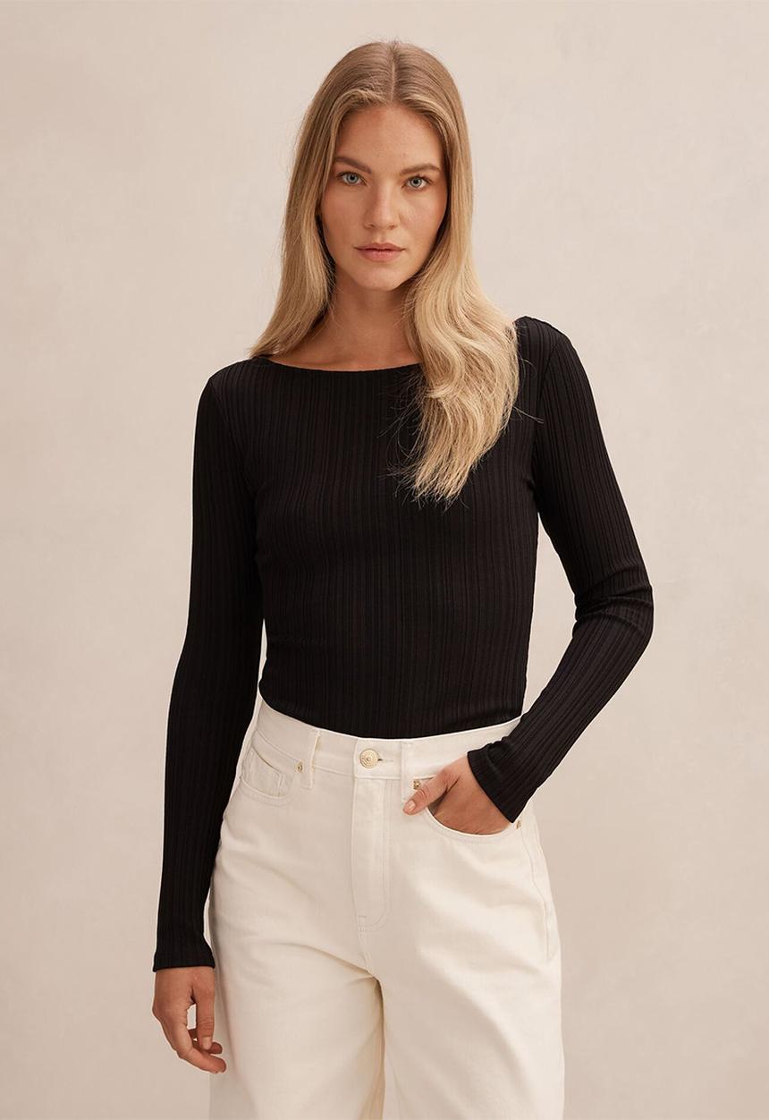 Forever New - Minka rib boat neck top in black