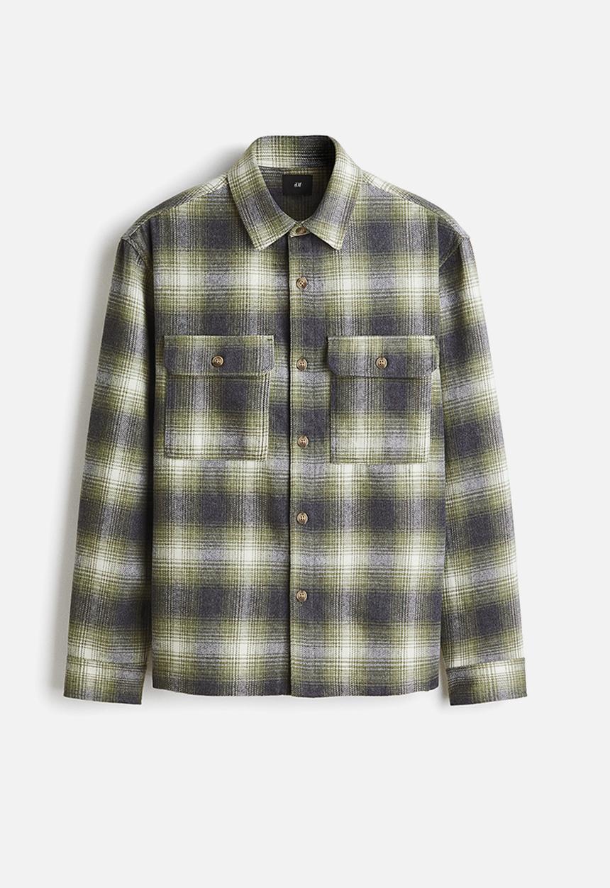 H&M - Regular fit flannel overshirt - dark khaki green/checked