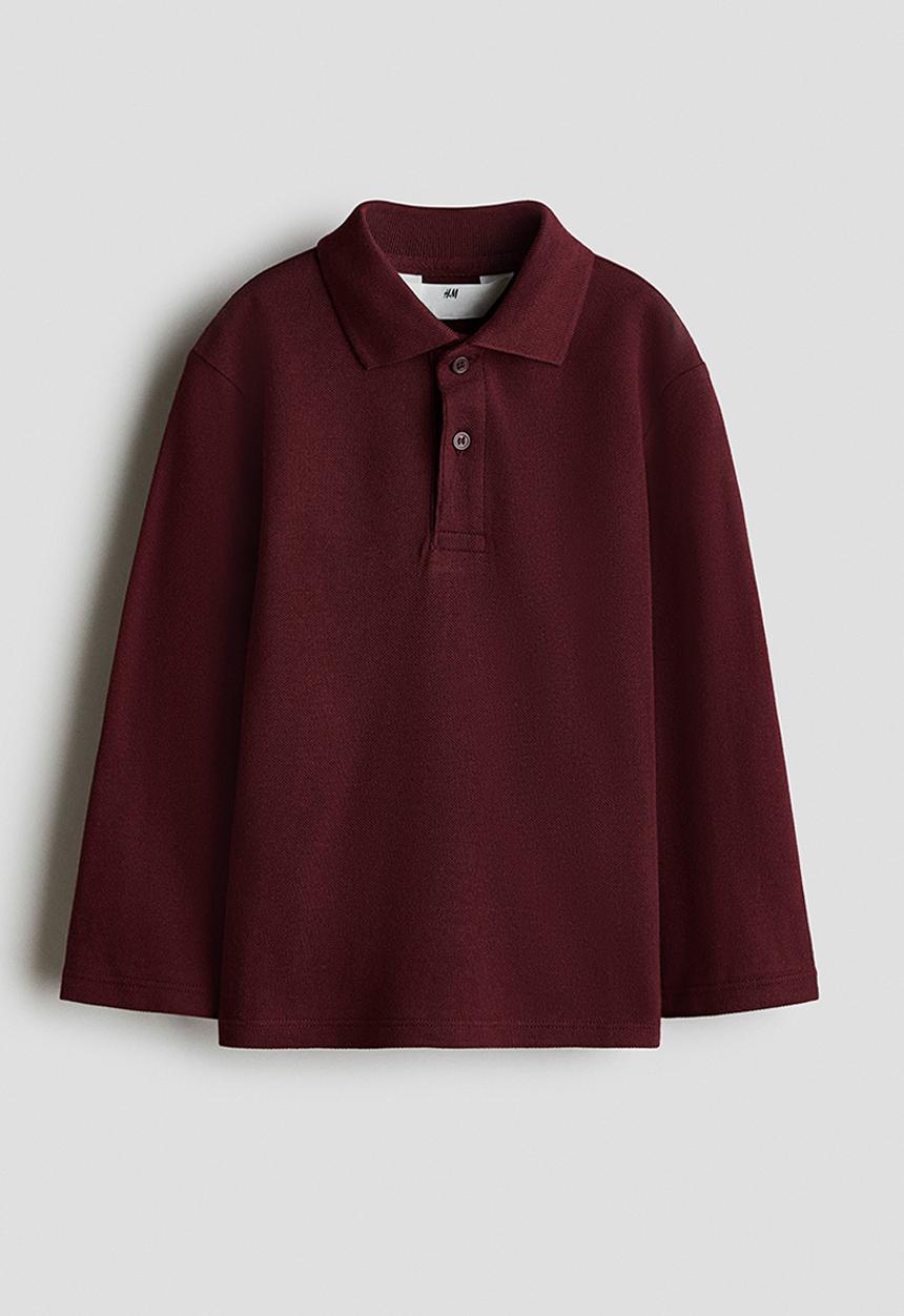 H&M - Long-sleeved cotton polo shirt - dark red