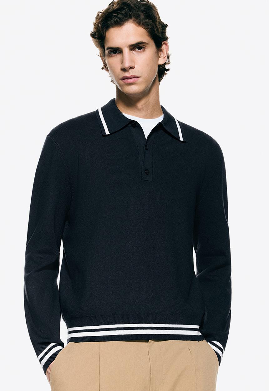 H&M - Relaxed fit long-sleeved polo shirt - dark blue/stripes