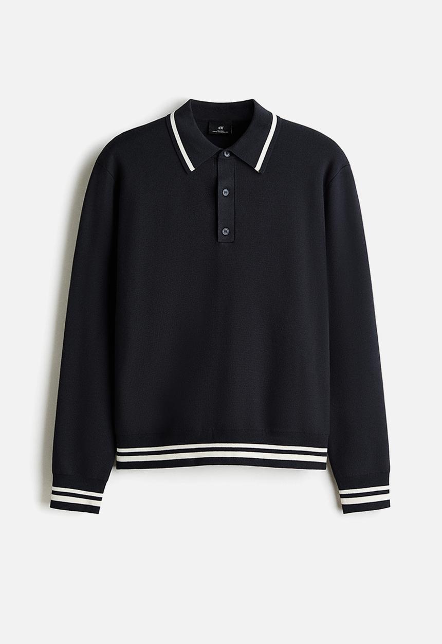 H&M - Relaxed fit long-sleeved polo shirt - dark blue/stripes