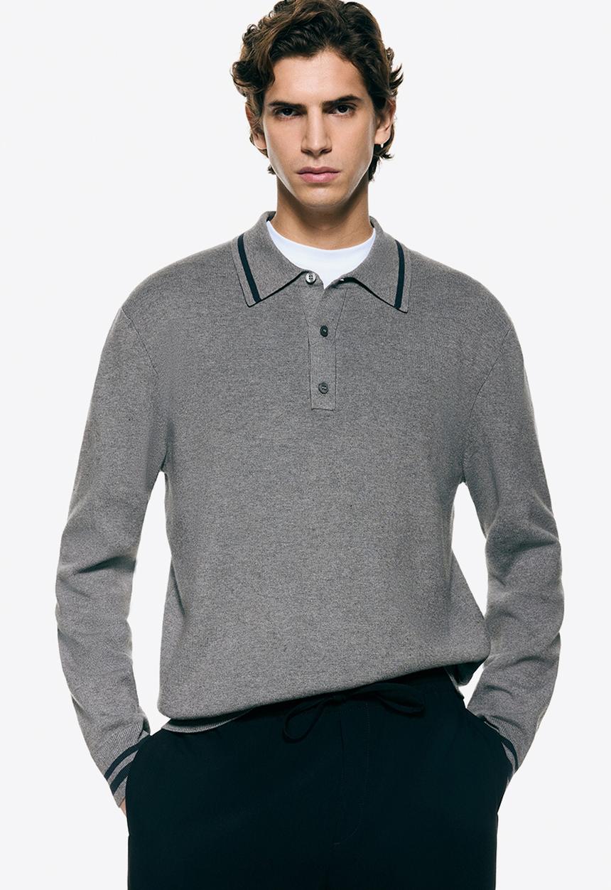 H&M - Relaxed fit long-sleeved polo shirt - dark grey/stripes