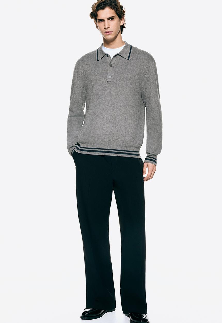 H&M - Relaxed fit long-sleeved polo shirt - dark grey/stripes