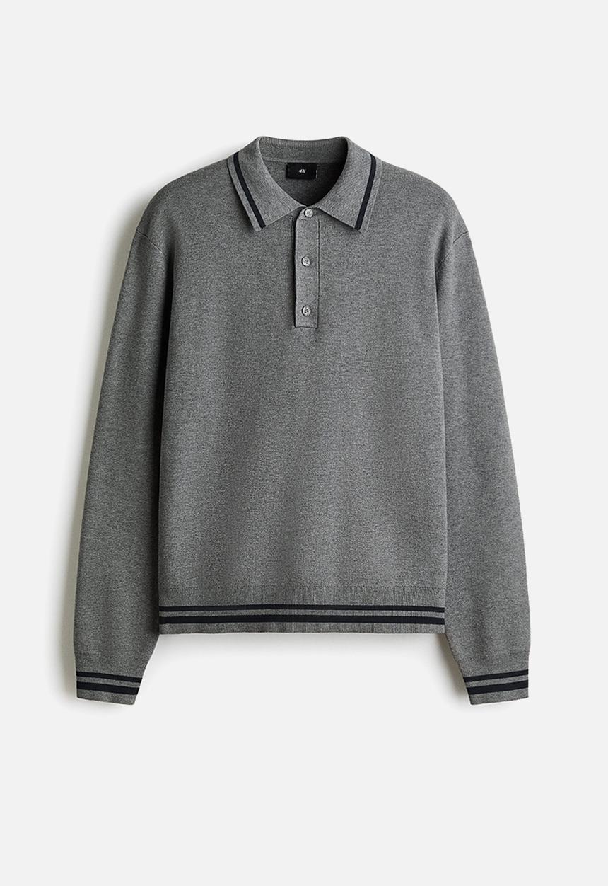 H&M - Relaxed fit long-sleeved polo shirt - dark grey/stripes