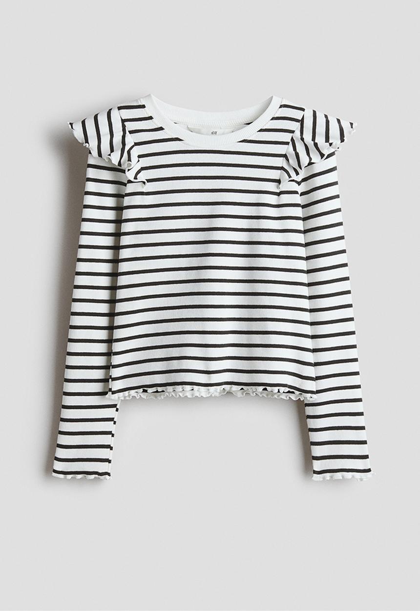 H&M - Frill-trimmed cotton top - white/black striped
