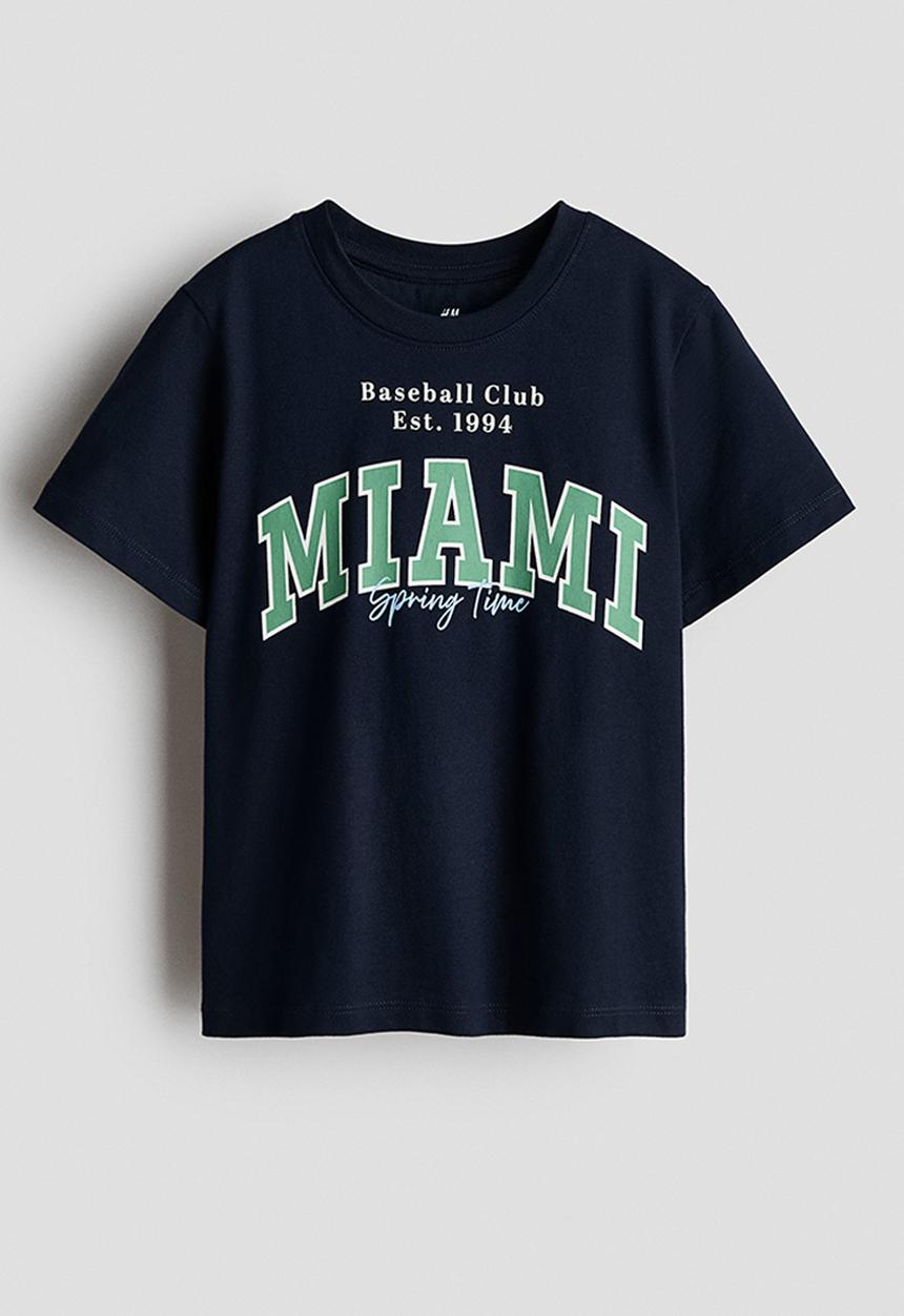 H&M - Printed cotton t-shirt - navy blue/miami