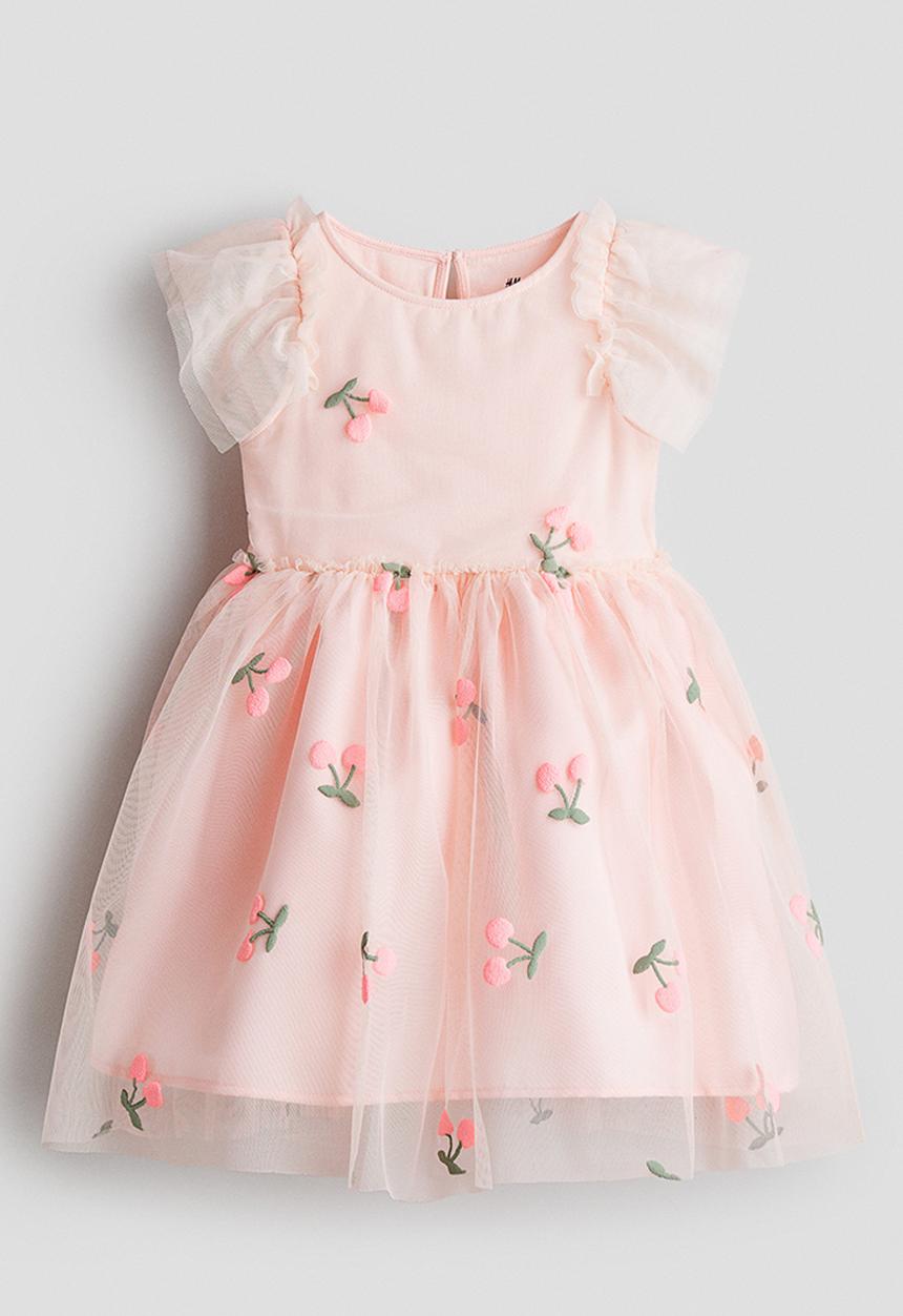 H&M - Printed tulle dress - light pink/cherries