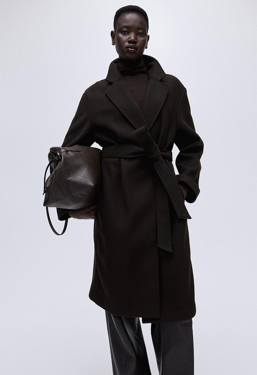 Tie-belt coat- dark brown - 1300544001
