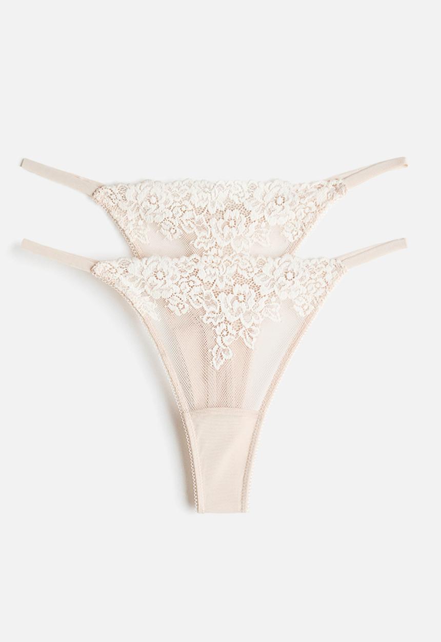 H&M - 2-pack lace tanga thong briefs - light beige/white