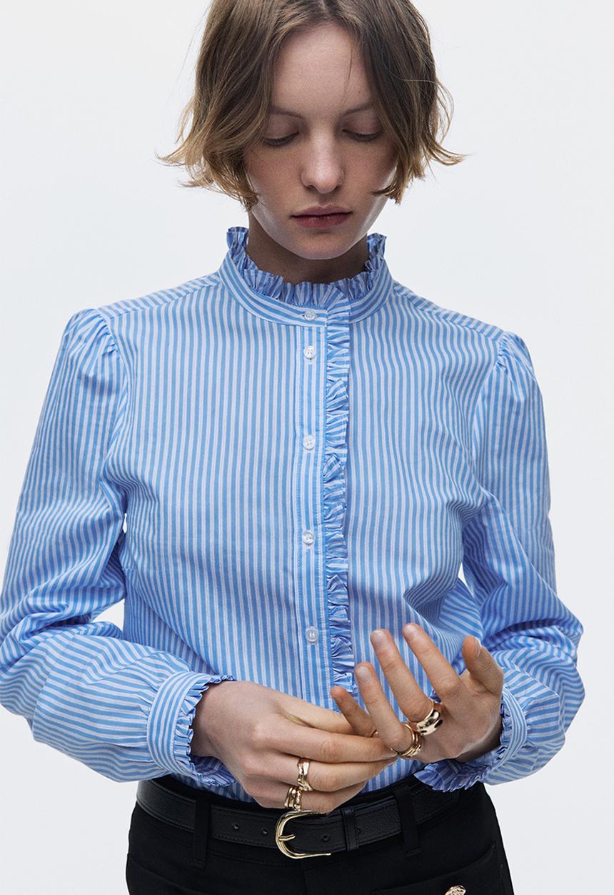 H&M - Frill-trimmed poplin blouse - blue/striped
