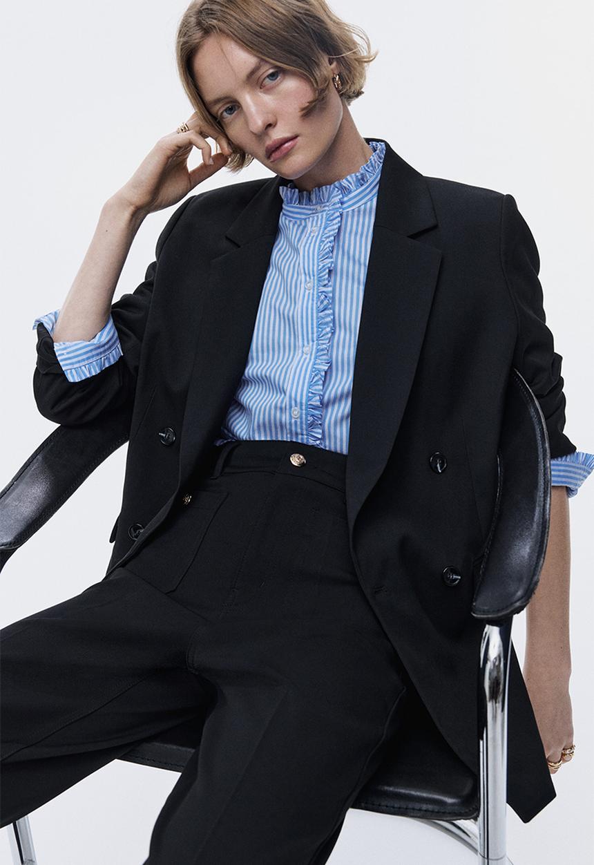 H&M - Frill-trimmed poplin blouse - blue/striped