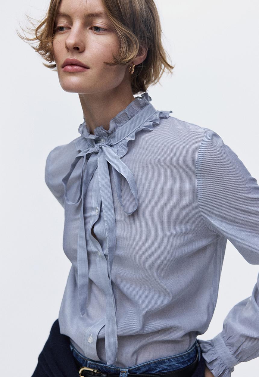 H&M - Frill-trimmed blouse - dark blue/striped