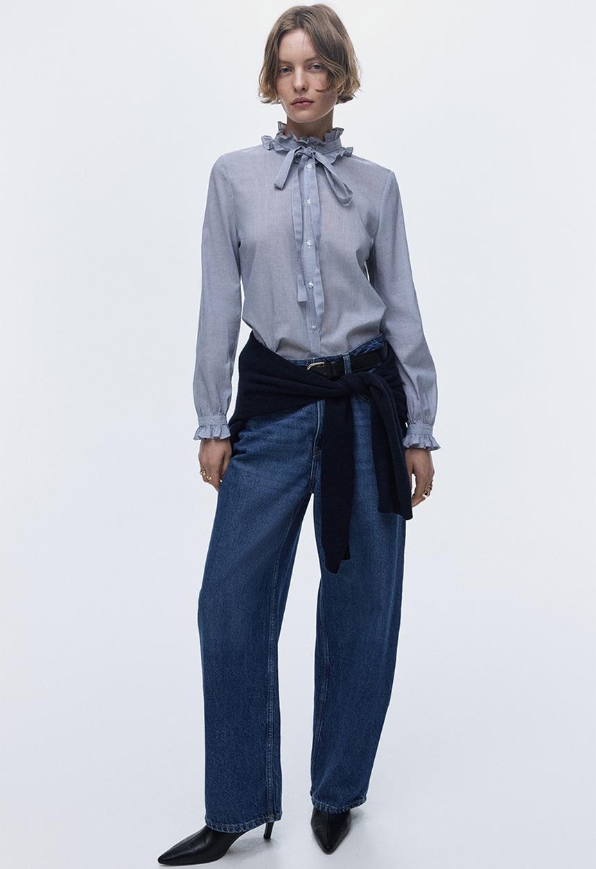 H&M - Frill-trimmed blouse - dark blue/striped