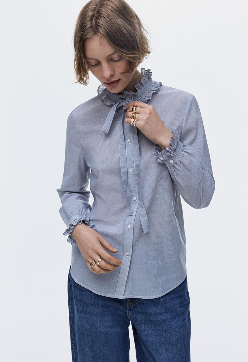 H&M - Frill-trimmed blouse - dark blue/striped