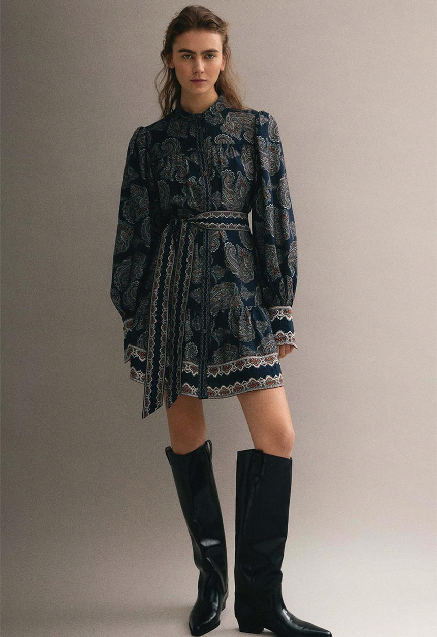 H&M - Tie-belt tunic dress - dark blue/paisley pattern