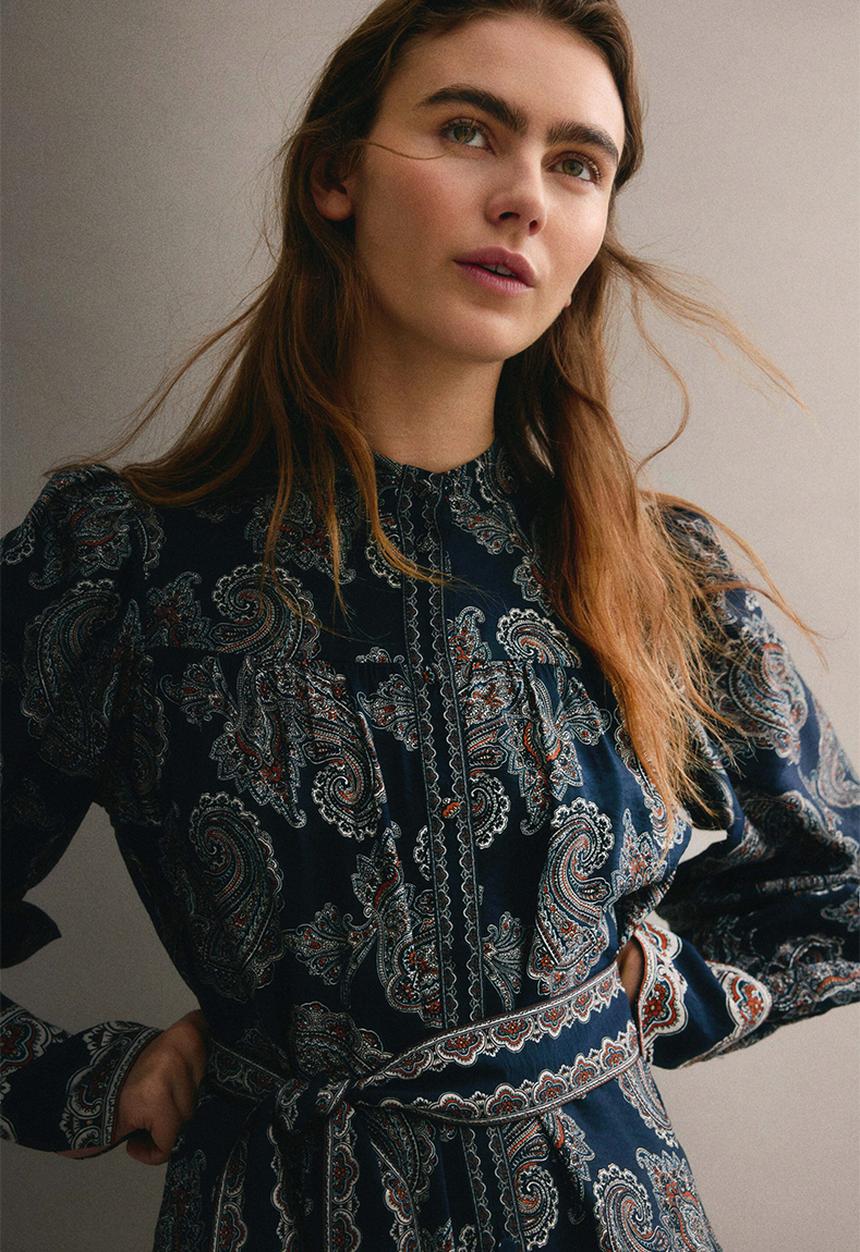 H&M - Tie-belt tunic dress - dark blue/paisley pattern