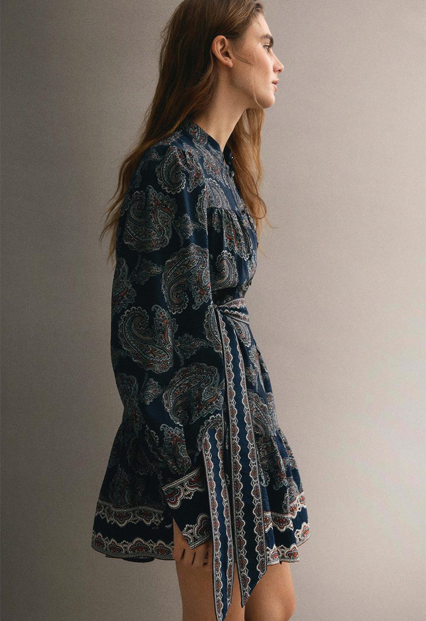 H&M - Tie-belt tunic dress - dark blue/paisley pattern