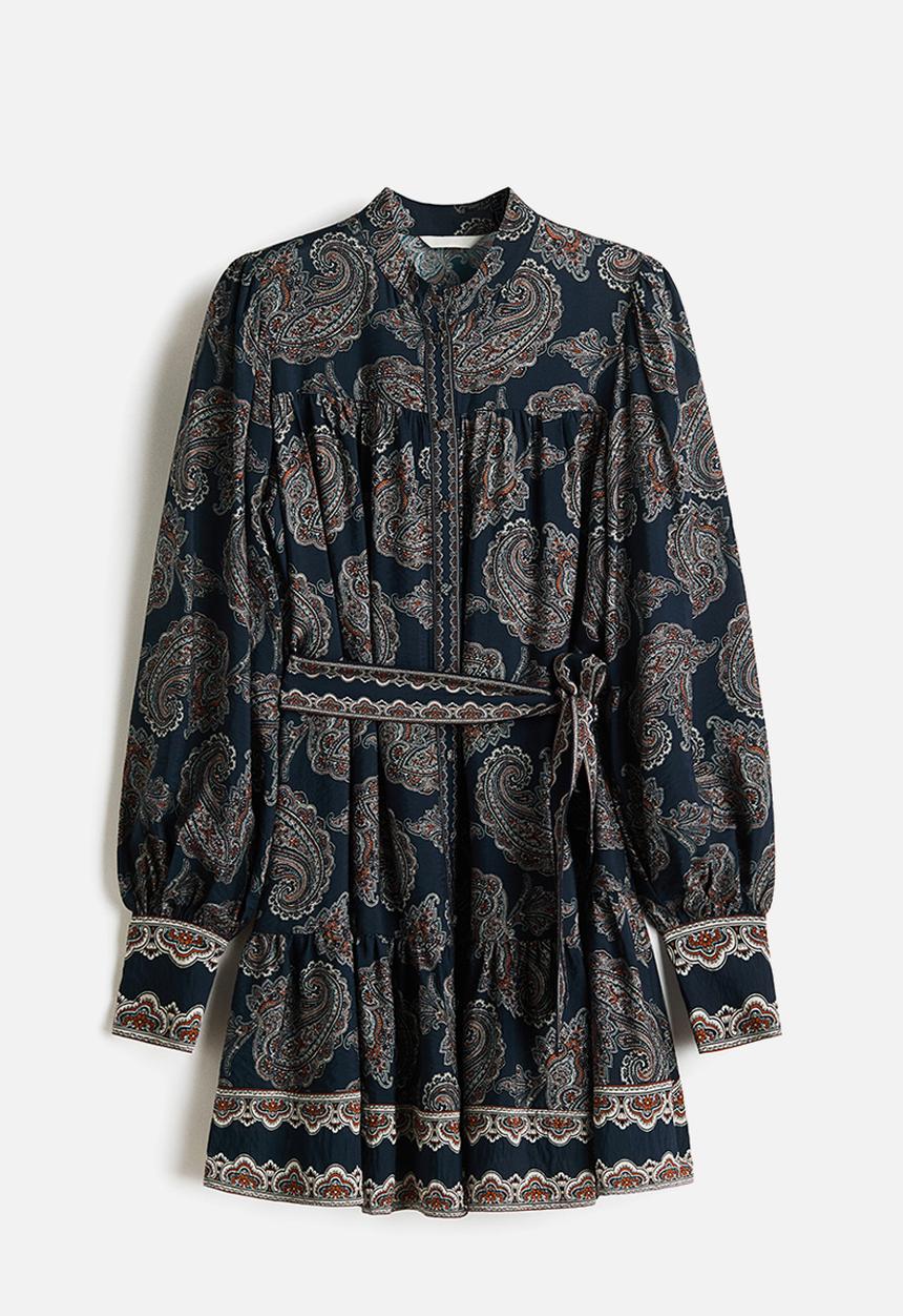 H&M - Tie-belt tunic dress - dark blue/paisley pattern