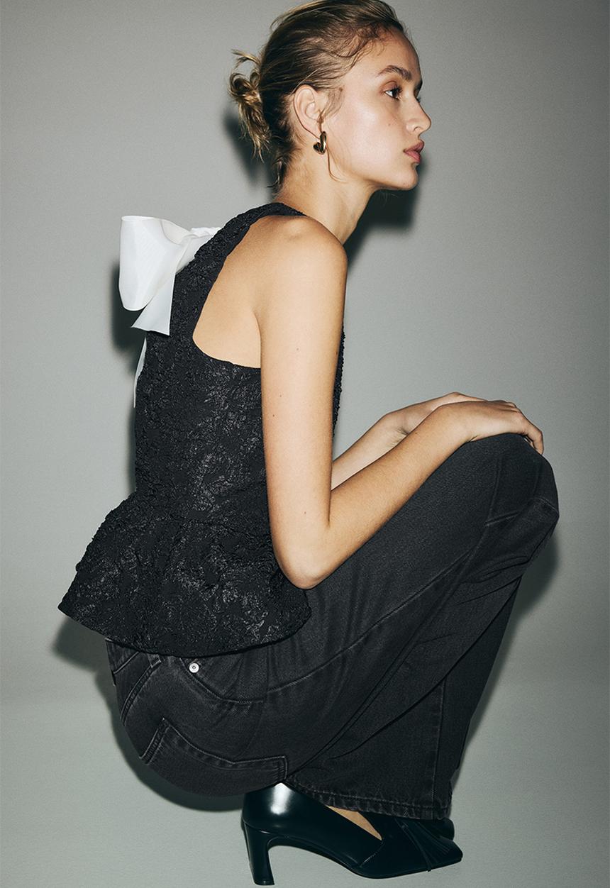 H&M - Bow-detail peplum top - black