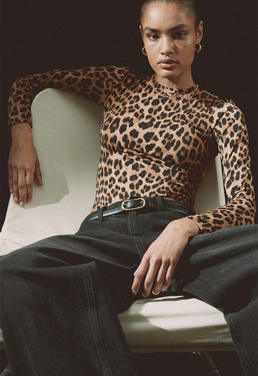 H&M - Long-sleeved body - dark beige/leopard print