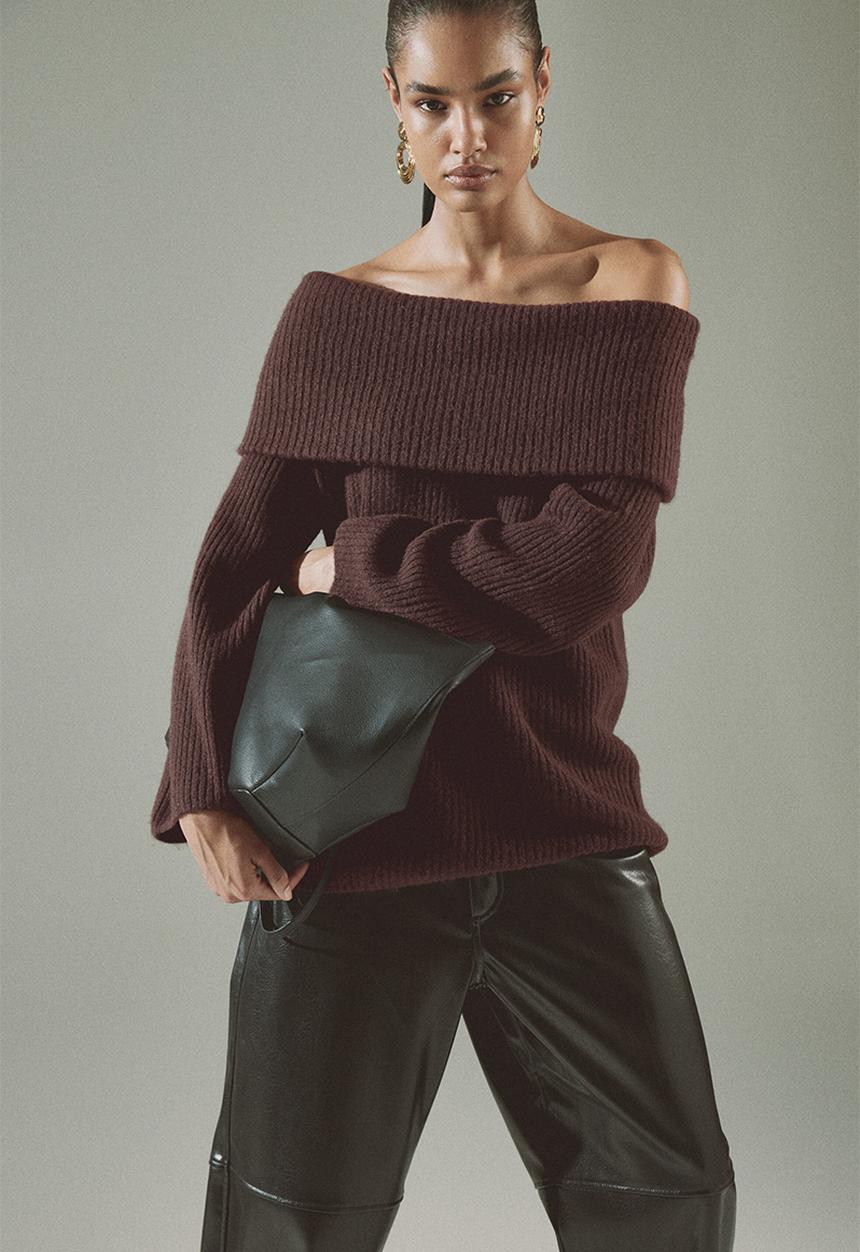 H&M - Rib-knit off-the-shoulder jumper - dark brown