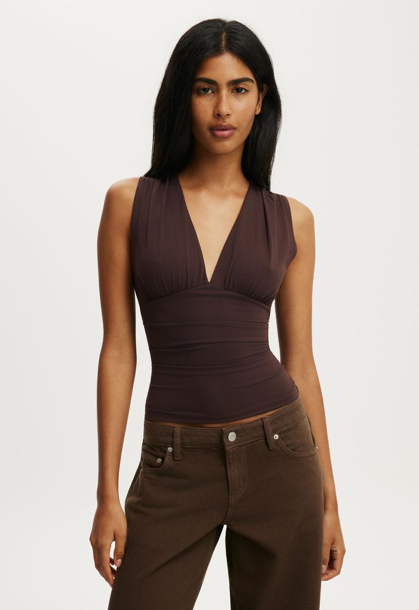 Cotton On - Hold Me Gathered V Tank - Dark Oak