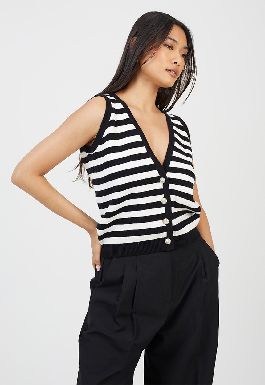 Brave Soul - Ladies V-Neck Waistcoat With Fancy Button Front Fastening - Black/White