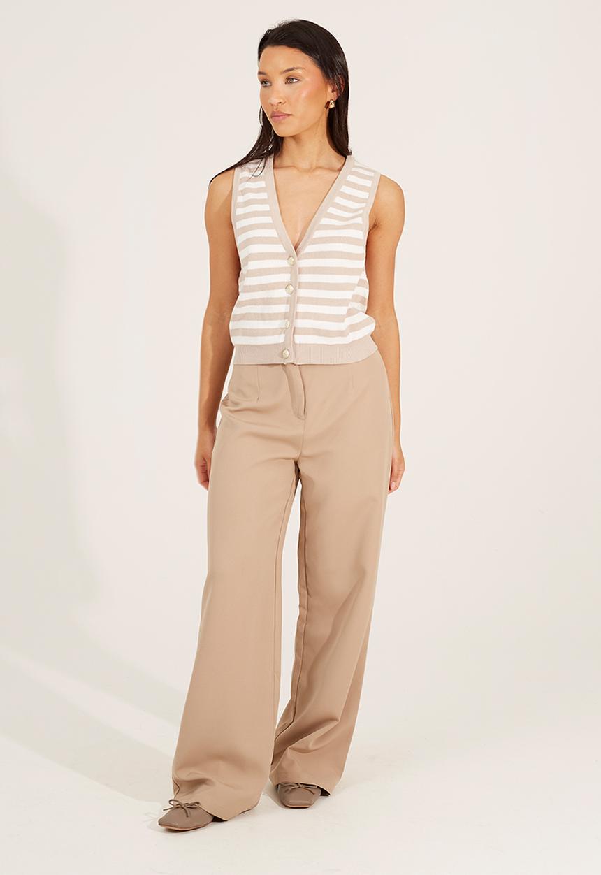 Brave Soul - Ladies V-Neck Waistcoat With Fancy Button Front Fastening - Stone/White