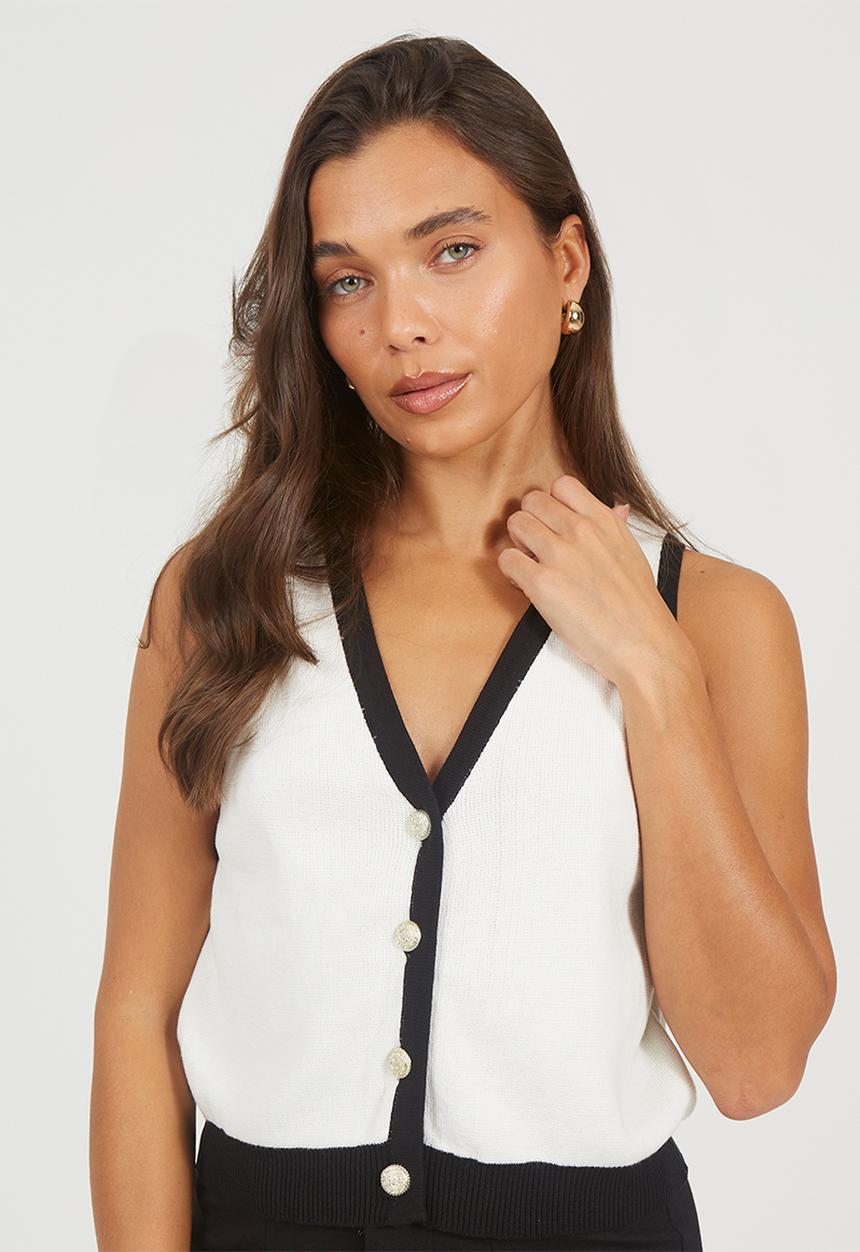 Brave Soul - Ladies V-Neck Waistcoat With Fancy Button Front Fastening - White/Black