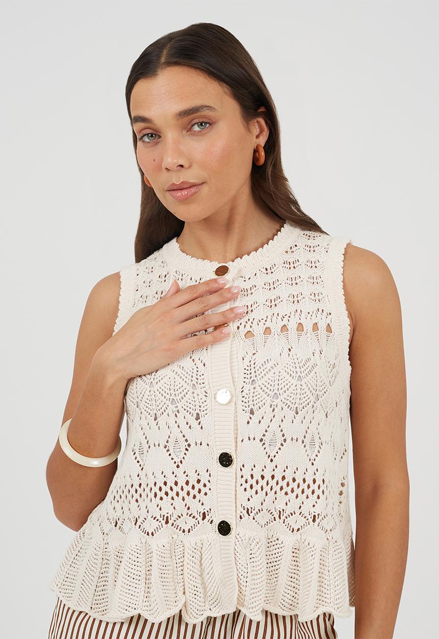 Brave Soul - Ladies Crew Neck Pointelle Waistcoat With Peplum Frill Hem - White