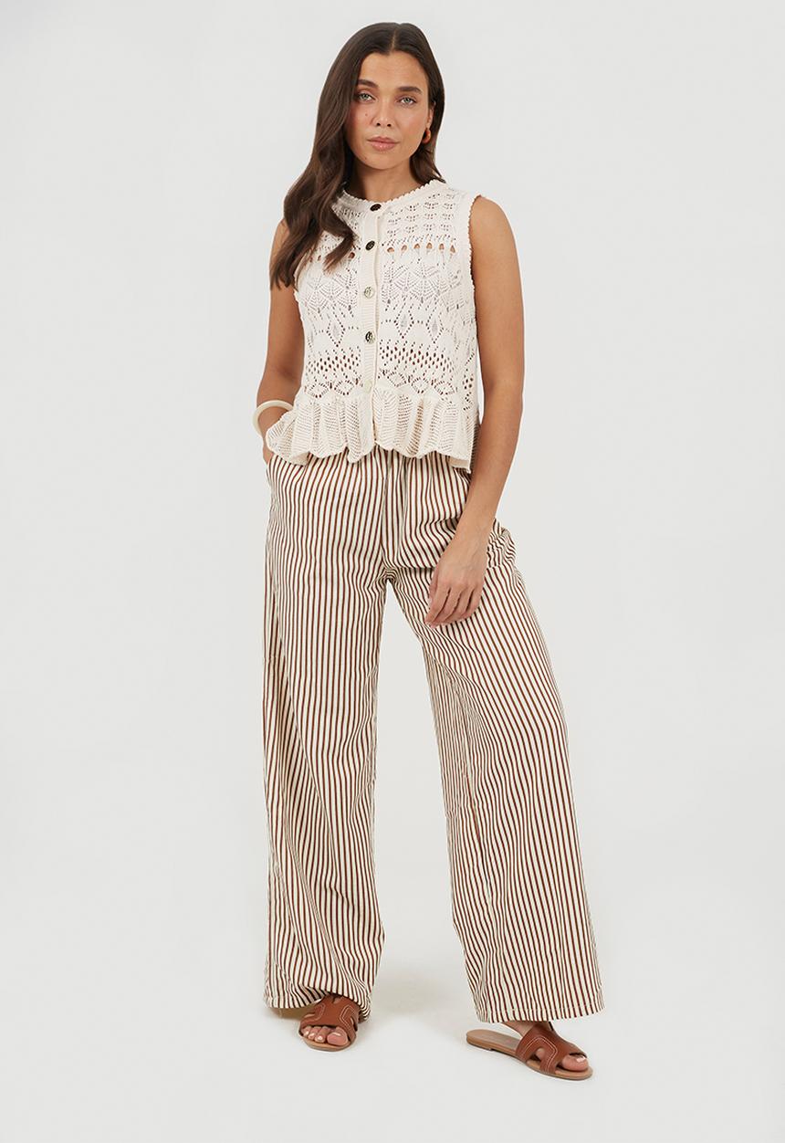 Brave Soul - Ladies Crew Neck Pointelle Waistcoat With Peplum Frill Hem - White
