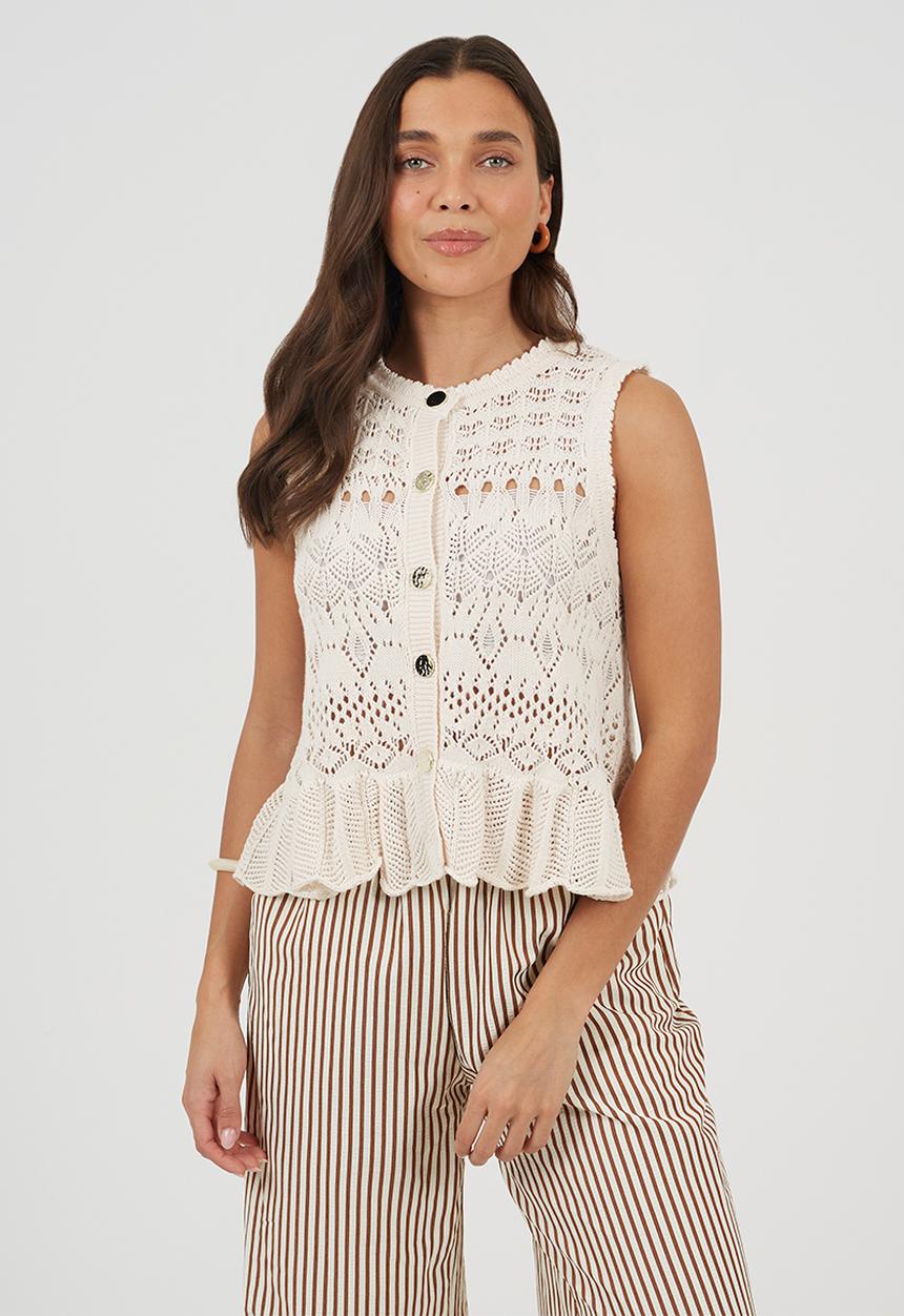 Brave Soul - Ladies Crew Neck Pointelle Waistcoat With Peplum Frill Hem - White