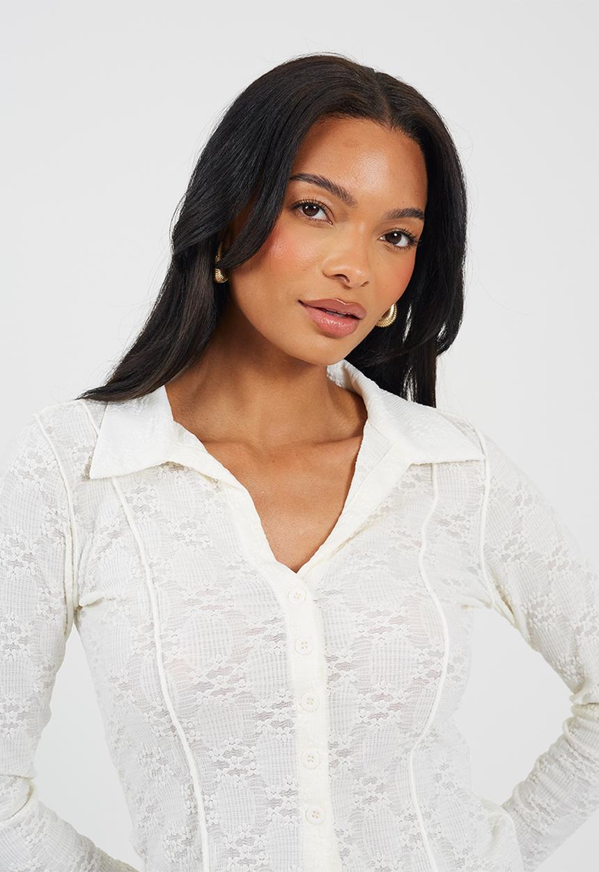Brave Soul - Ladies Long Sleeve Collared Button Down Textured Jersey Top - Cream