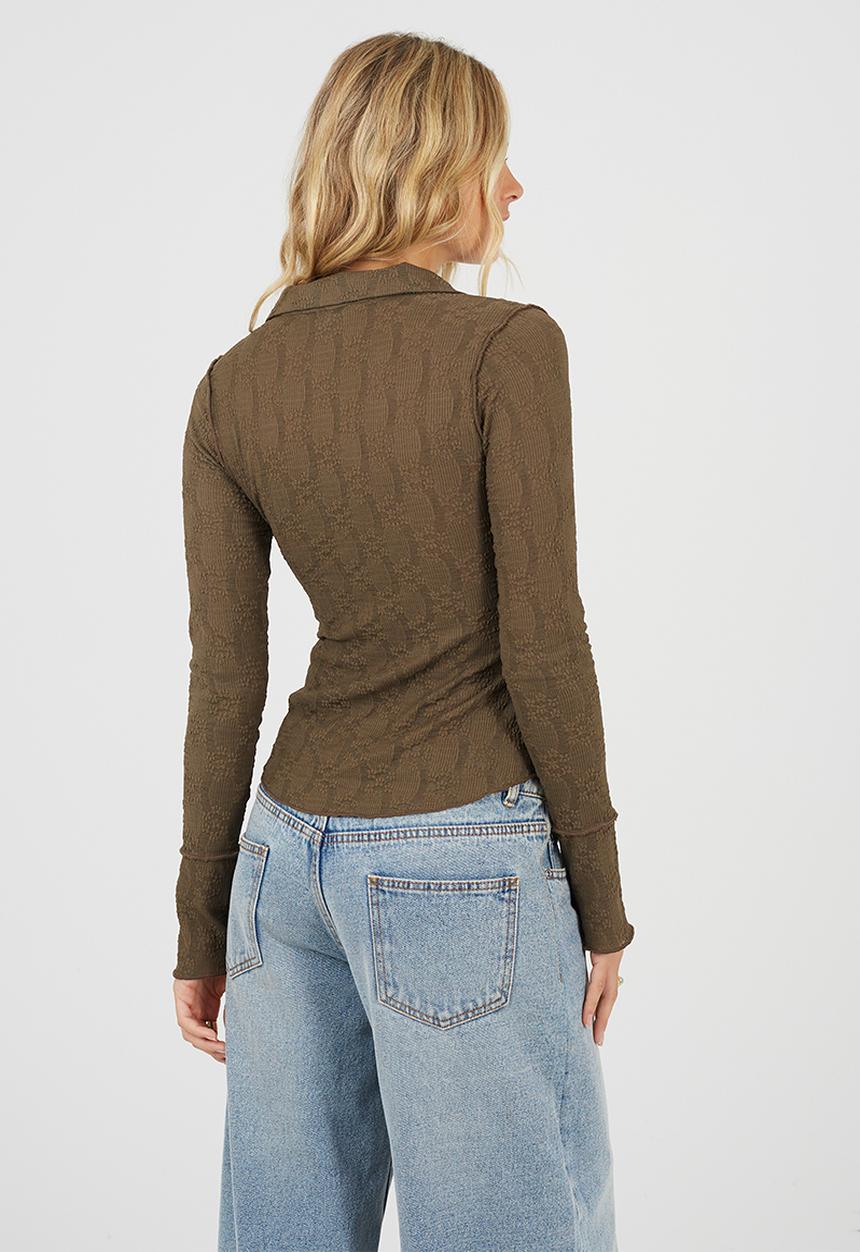 Brave Soul - Ladies Long Sleeve Collared Button Down Textured Jersey Top - Truffle