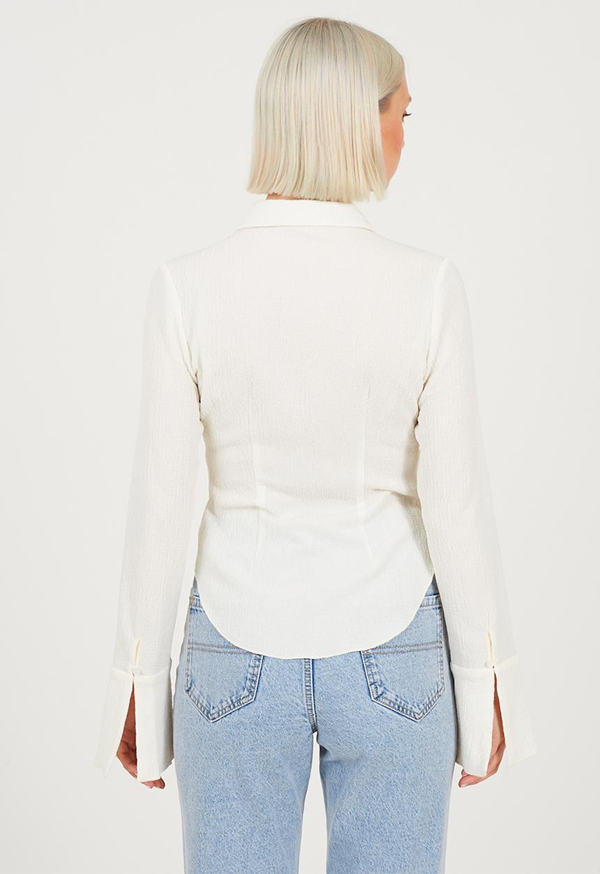 Brave Soul - Ladies Long Sleeve Button Through Collared Top - Cream