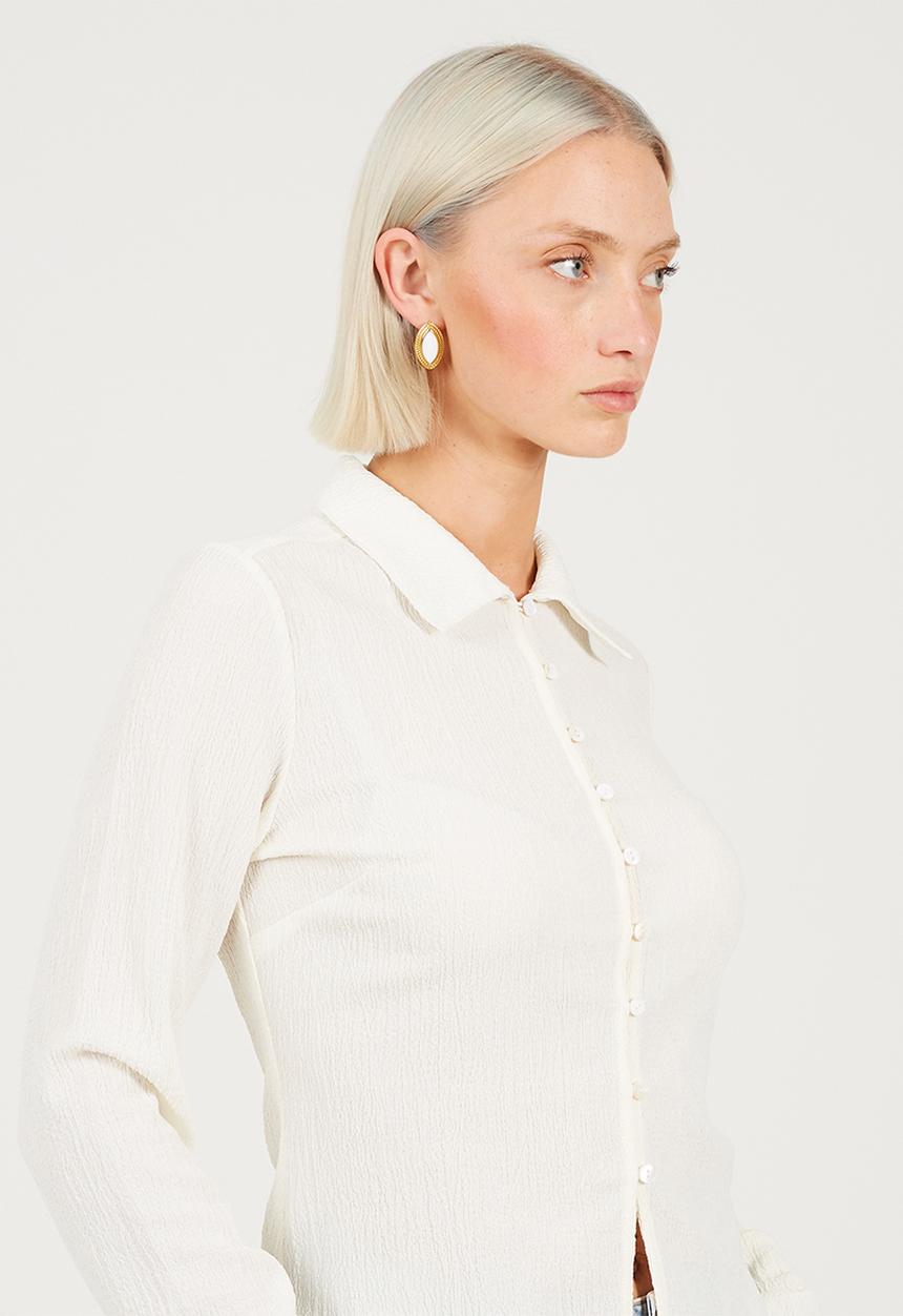 Brave Soul - Ladies Long Sleeve Button Through Collared Top - Cream
