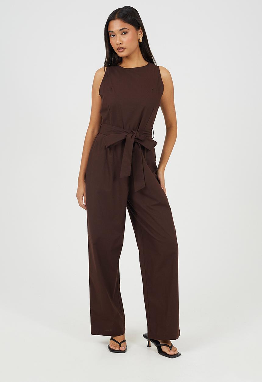 Brave Soul - Ladies Woven Jumpsuit With Tie Waist Detail - Chocolate